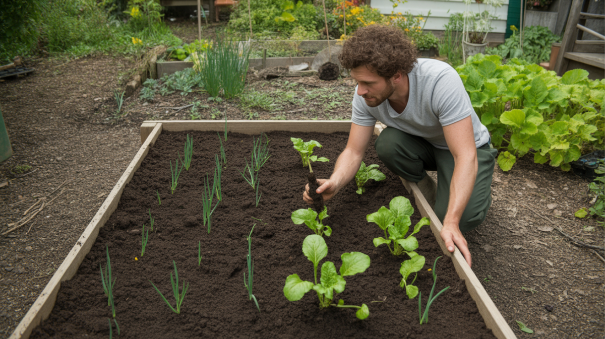 Jardinier observant des jeunes plants poussant dans un bac rempli de compost pur dans un jardin naturel et réaliste.