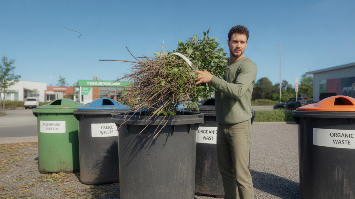 Scène réaliste d’une déchetterie où un habitant dépose des déchets verts dans une benne dédiée, avec bâtiments et équipements authentiques en arrière-plan.