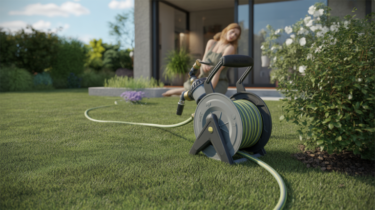 Scène de jardin réaliste avec un dévidoir de tuyau haut de gamme utilisé dans un jardin verdoyant en fin d’après‑midi.