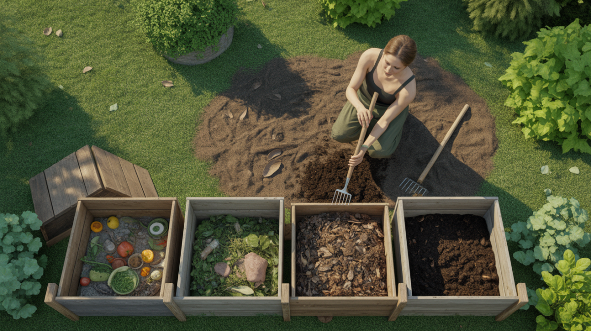 Scène réelle montrant plusieurs bacs de compostage dans un jardin, illustrant les étapes du compost du déchet brut au compost mûr, avec une personne travaillant naturellement dans un décor extérieur authentique.