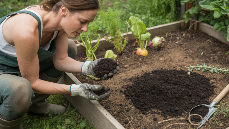 Scène réaliste d’un jardinier examinant du compost dans un potager avec des plantes saines et quelques plantes stressées.