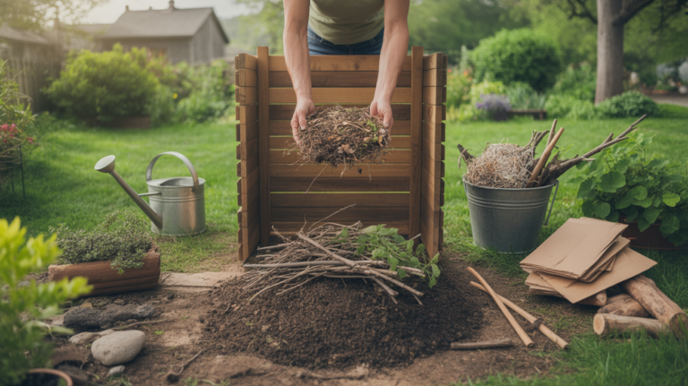 Scène naturelle montrant un composteur ouvert dans un jardin, avec une première couche de branches et feuilles sèches déposée au fond.