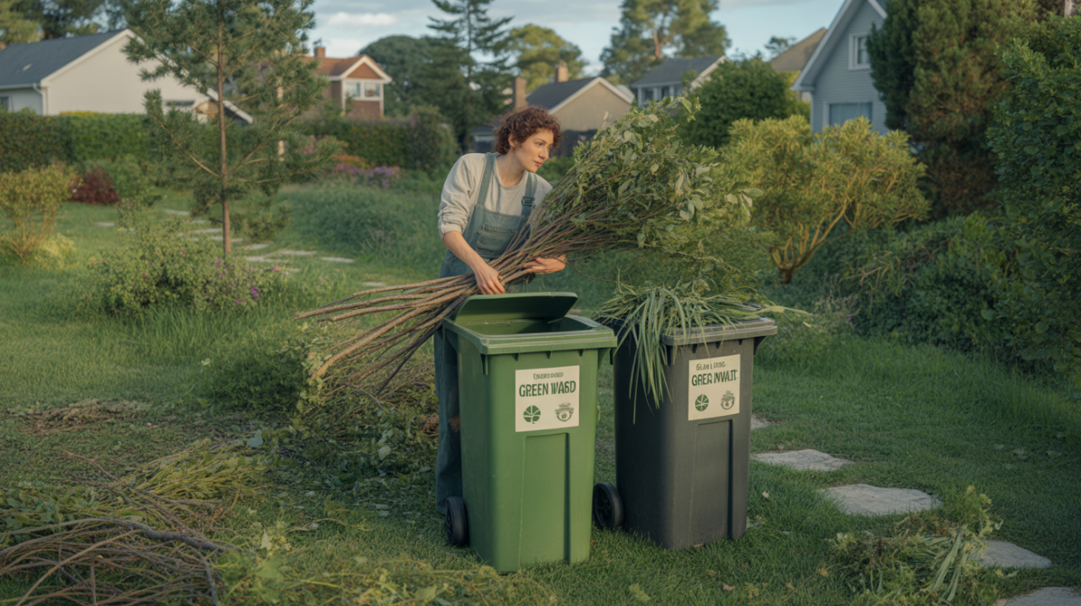 Personne déposant des déchets verts dans un bac officiel dans un jardin naturel et réaliste.