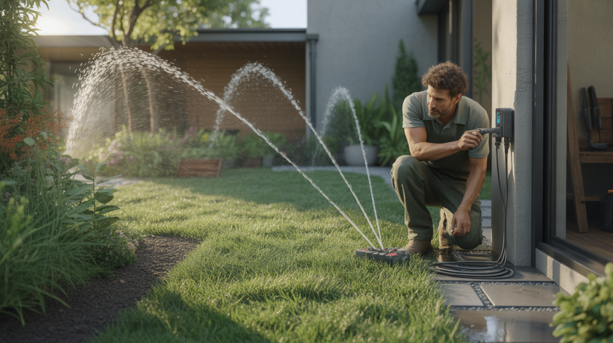 Scène réaliste d’un jardinier réglant un programmateur d’arrosage automatique au lever du soleil, avec un jardin naturel et des arroseurs en action.