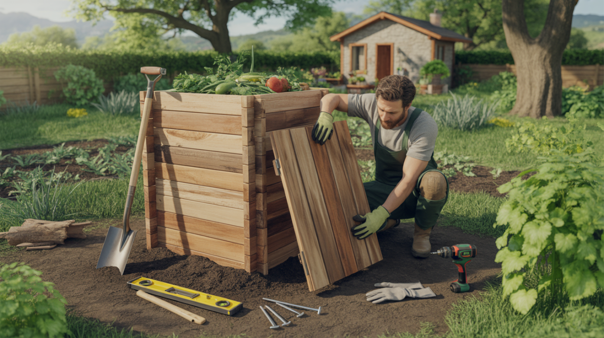 Personne assemblant un composteur en bois dans un jardin naturel avec outils et végétation.