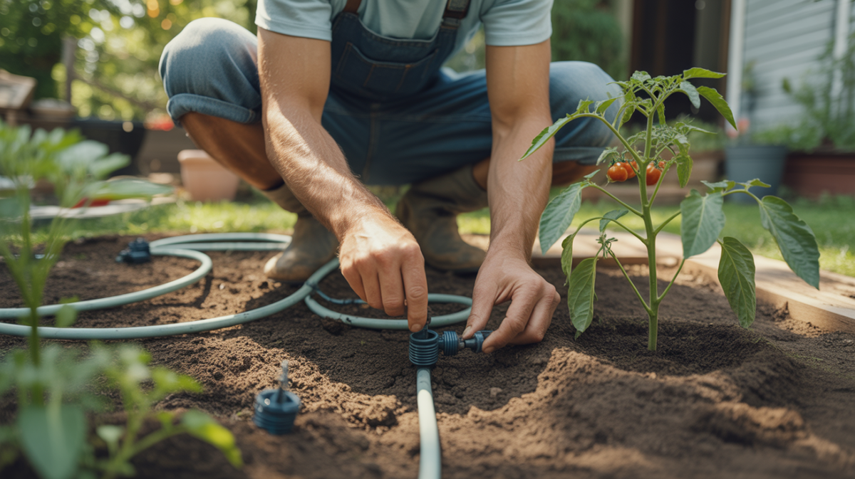 Installation réaliste d’un système d’arrosage goutte à goutte dans un potager avec un jardinier en train de connecter les tuyaux près de jeunes plants.