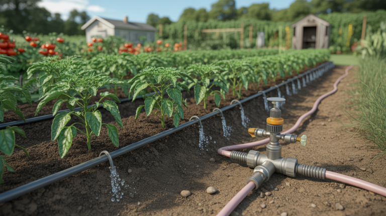 Installation réaliste d’un système d’irrigation goutte à goutte dans un potager, montrant les tuyaux, les goutteurs et un collecteur d’eau en fonctionnement.