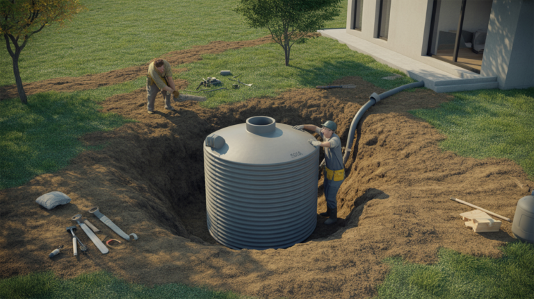 Installation réaliste d’un récupérateur d’eau de pluie enterré de 5000 litres dans un jardin avec fosse creusée, réservoir en place et ouvriers en pleine mise en œuvre.