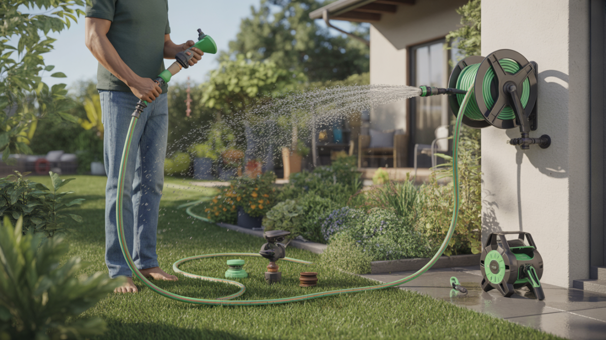 Scène réaliste d’un jardin avec un tuyau d’arrosage, un enrouleur mural et divers accessoires utilisés pour arroser des plantes luxuriantes.