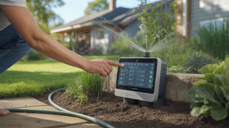 Scène réaliste d'un jardin avec un programmateur d'arrosage moderne réglé par une personne, entouré de végétation vivante et d'un système d'arrosage en fonctionnement.