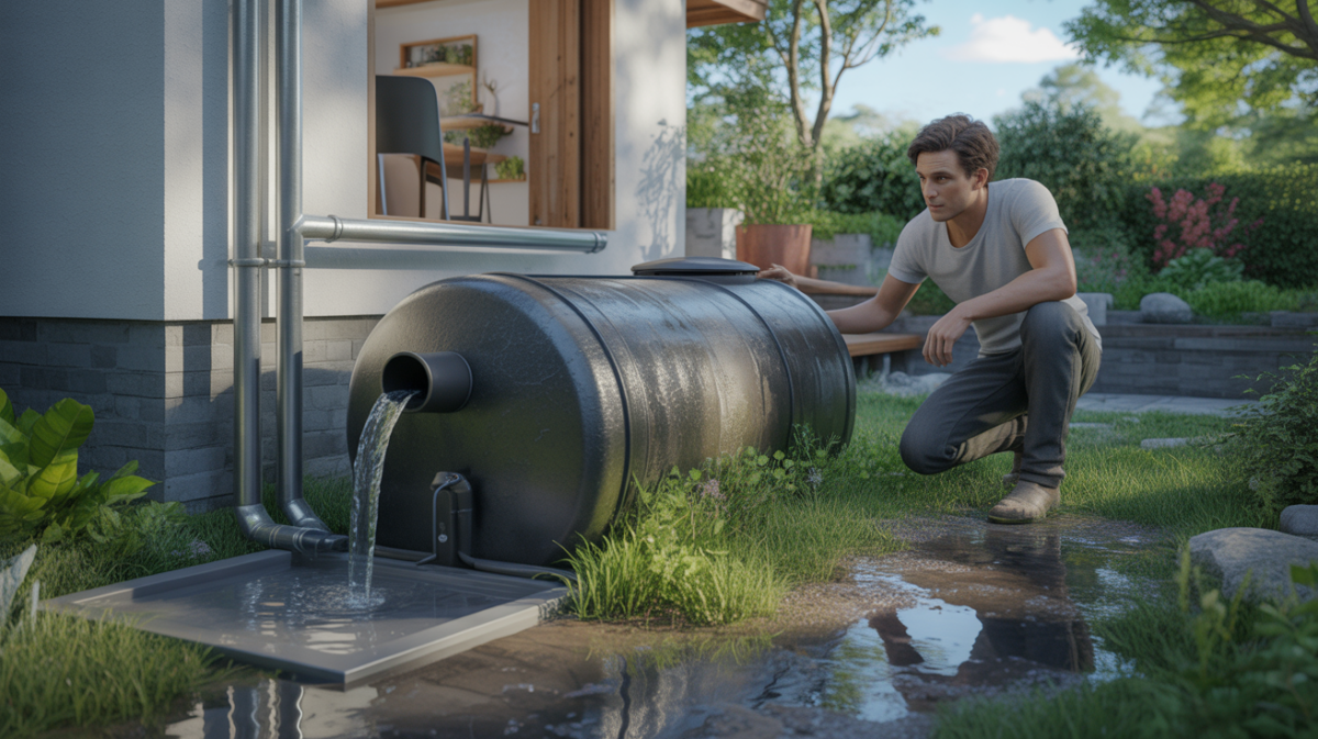 Scène réelle d’un jardin avec un récupérateur d’eau de pluie de 1000 litres installé près d’une maison moderne après une légère pluie.