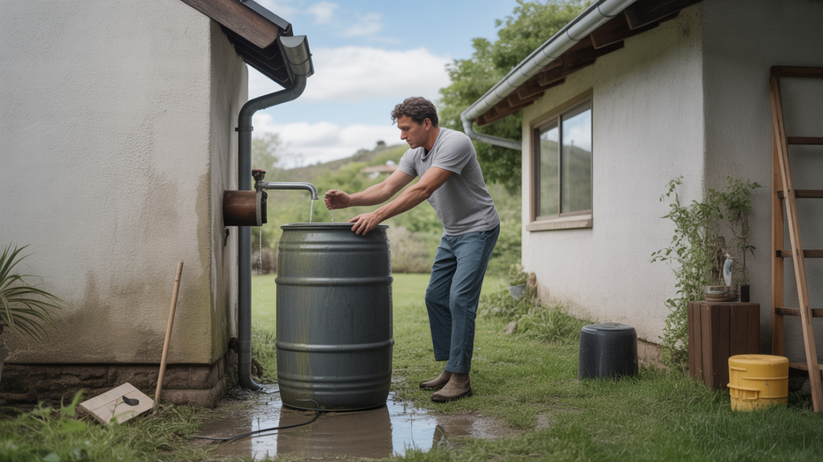 Scène réaliste d’une personne installant un récupérateur d’eau de pluie dans un jardin naturel, avec maison réelle, couleurs vives et détails authentiques.