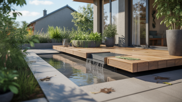 Terrasse moderne avec un système discret de récupération d'eau de pluie intégré de manière naturelle, incluant un petit réservoir caché derrière des lattes en bois et une végétation réaliste.