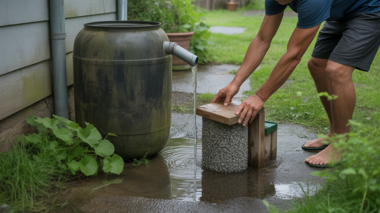 Système artisanal de récupération d’eau de pluie installé dans un jardin naturel avec un tonneau, une gouttière et un filtre bricolé.