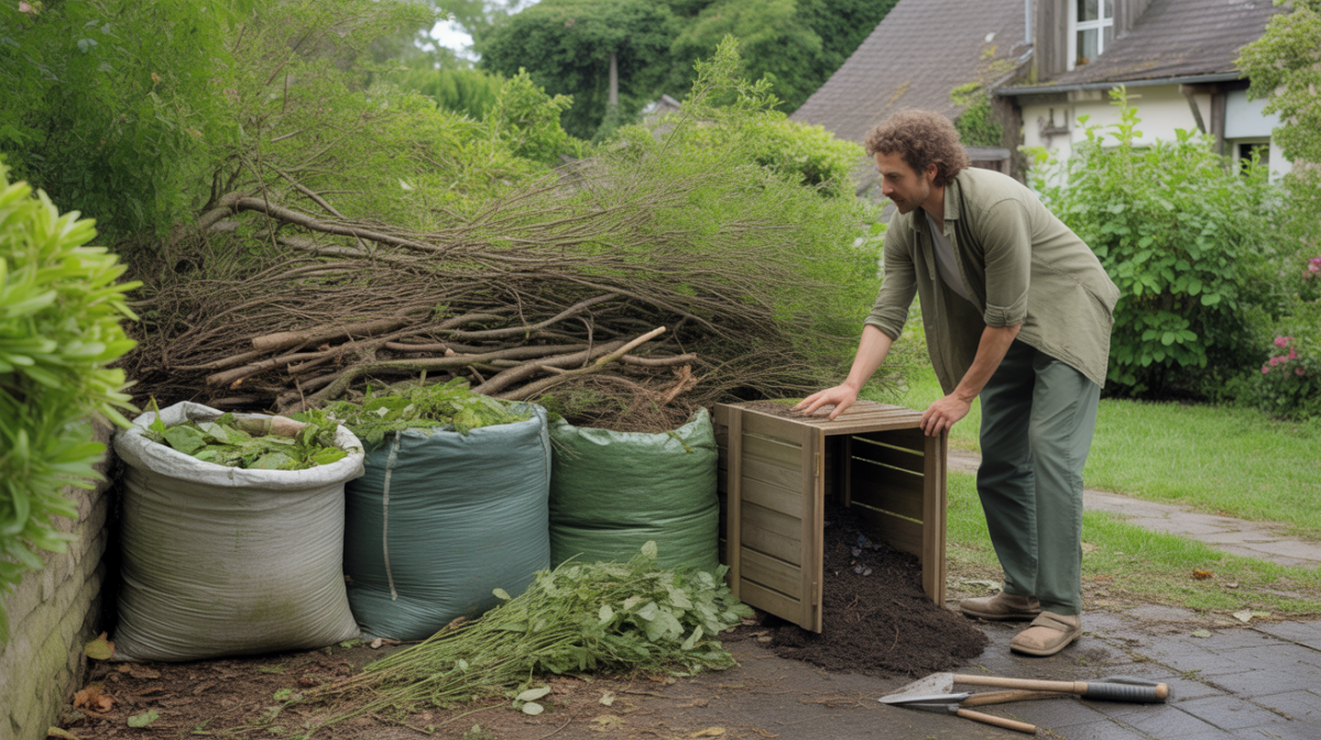 Jardin familial montrant un espace de stockage de déchets verts organisé de manière naturelle avec compost, sacs de jardin et un propriétaire vérifiant les déchets.