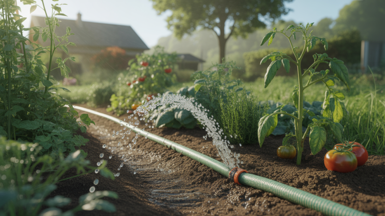 Tuyau poreux irrigant doucement un potager luxuriant avec un éclairage naturel du matin et une scène réaliste sans flou.
