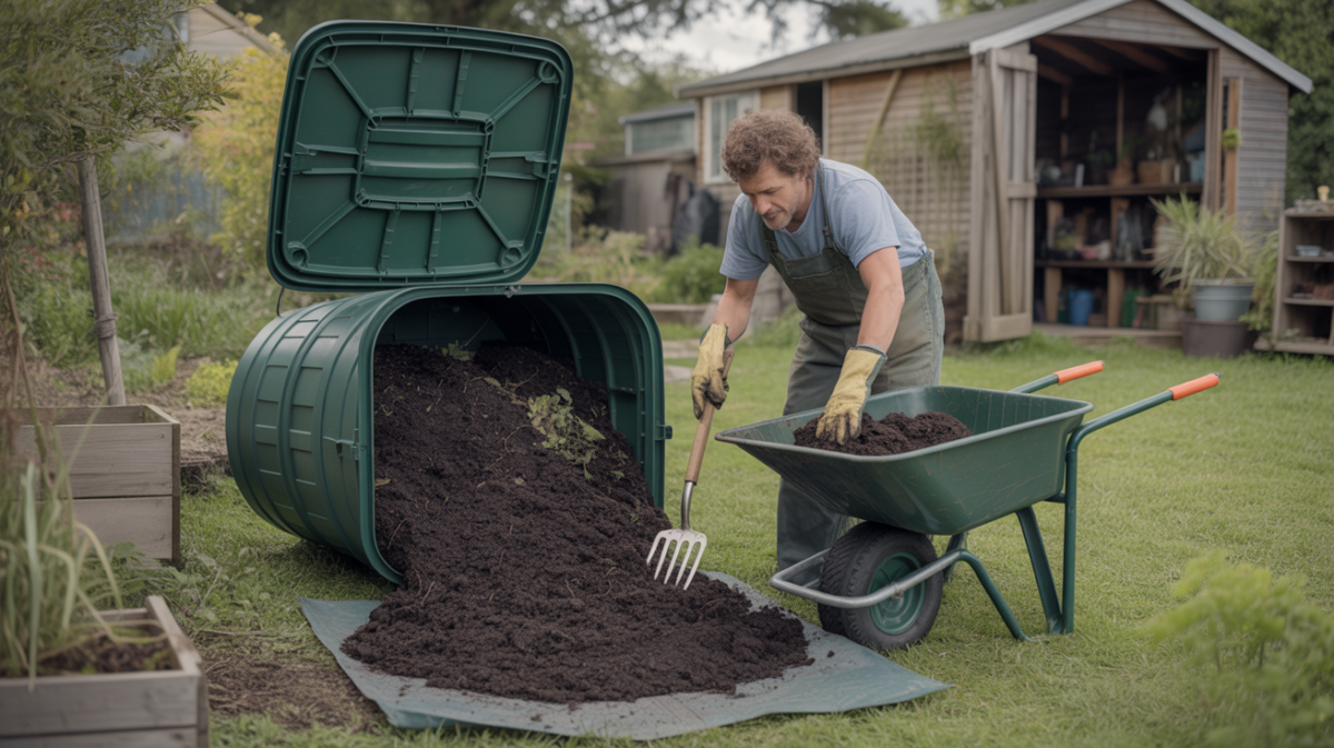 Personne vidant un composteur en plastique dans un jardin réaliste avec compost mûr, outils de jardinage et environnement naturel.