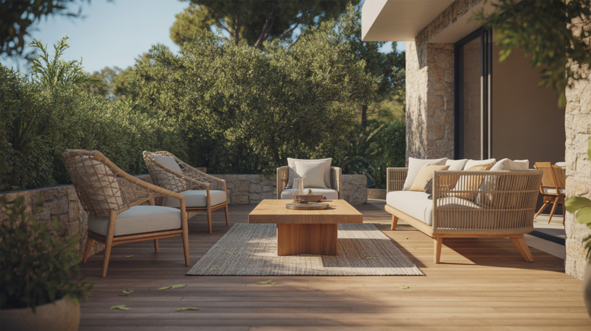 Terrasse extérieure réaliste et chaleureuse avec mobilier moderne en bois et rotin, entourée de végétation méditerranéenne.