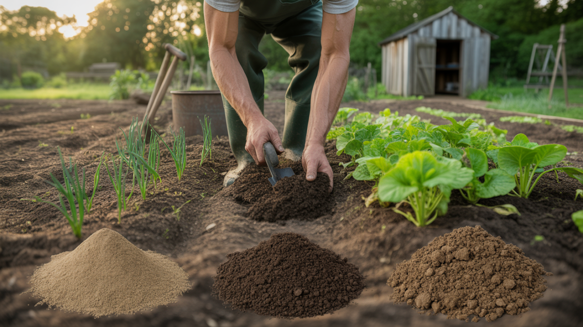 Scène réaliste d’un potager où un jardinier travaille la terre avec chaux, compost et fumier visibles dans un décor naturel.