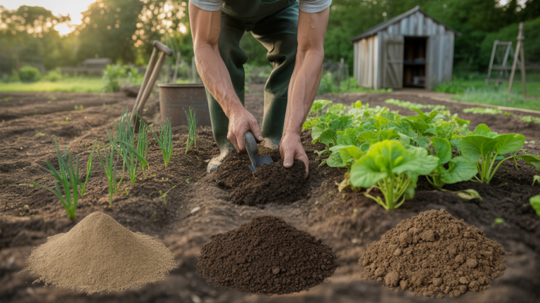Scène réaliste d’un potager où un jardinier travaille la terre avec chaux, compost et fumier visibles dans un décor naturel.