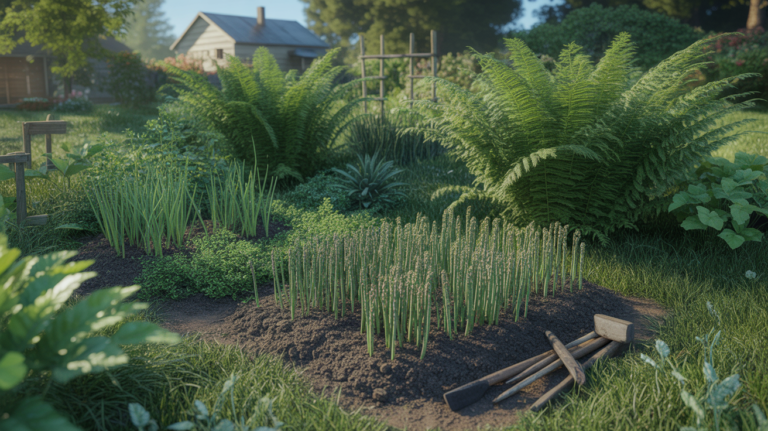 Jardin naturel avec une plate-bande d’asperges montrant différentes étapes de croissance dans une scène authentique et ensoleillée.