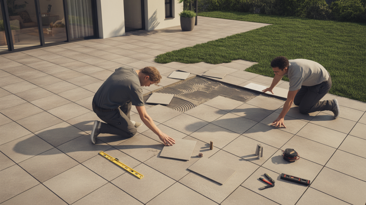 Scene réaliste d'une terrasse extérieure en cours de pose de carrelage en 2026, avec des artisans travaillant et un environnement naturel.