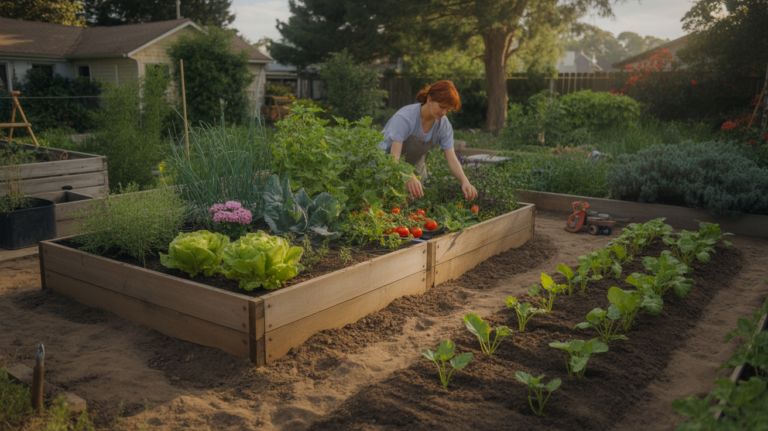 Scène réaliste d’un jardin montrant un carré potager en bois et une zone de culture en pleine terre, avec un jardinier et des détails naturels authentiques.