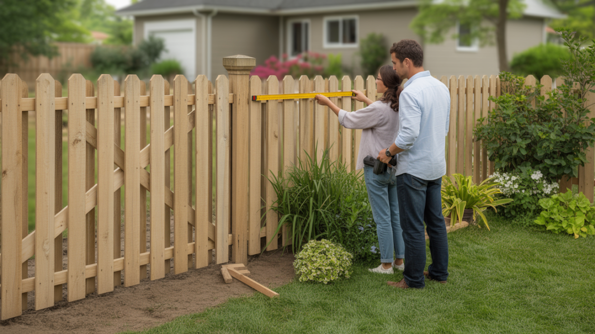Un couple examine une nouvelle clôture de jardin en bois dans un jardin verdoyant, avec outils d’installation et ambiance naturelle.