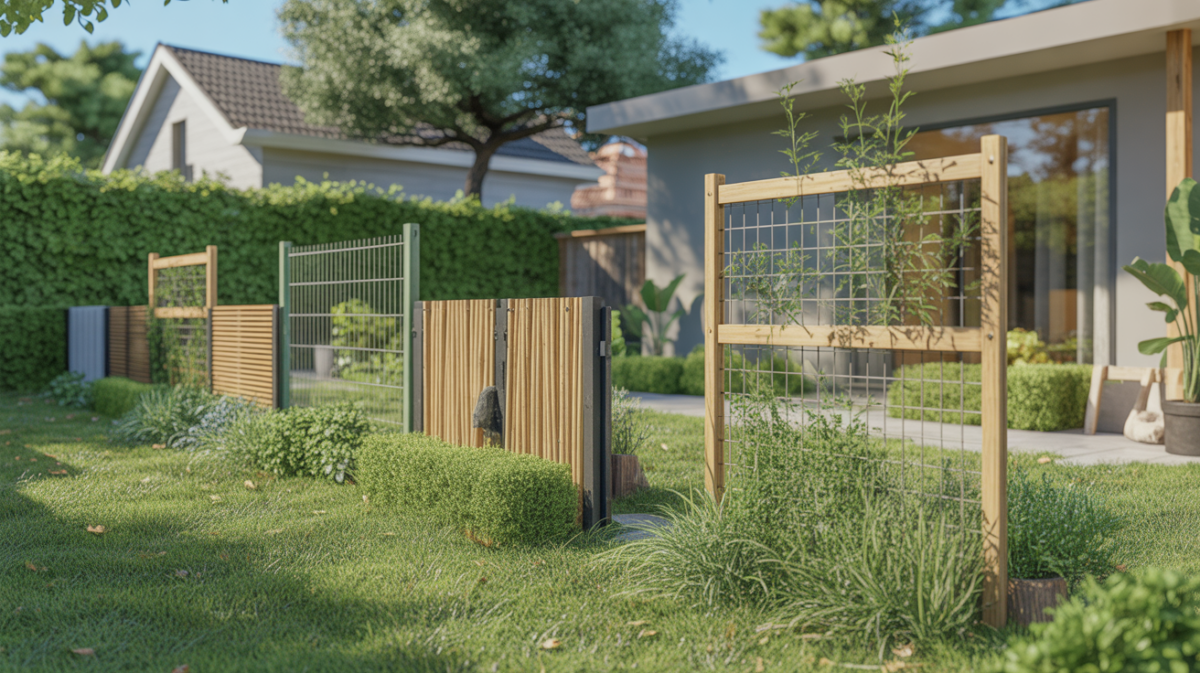 Jardin réaliste avec plusieurs types de clôtures économiques intégrées dans un décor naturel et lumineux.