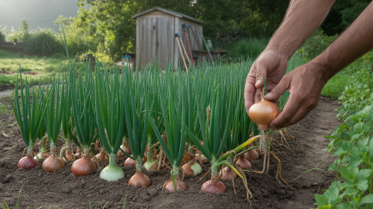 Rangées d’oignons poussant dans un potager réaliste avec un cabanon en bois et des mains inspectant une plante.