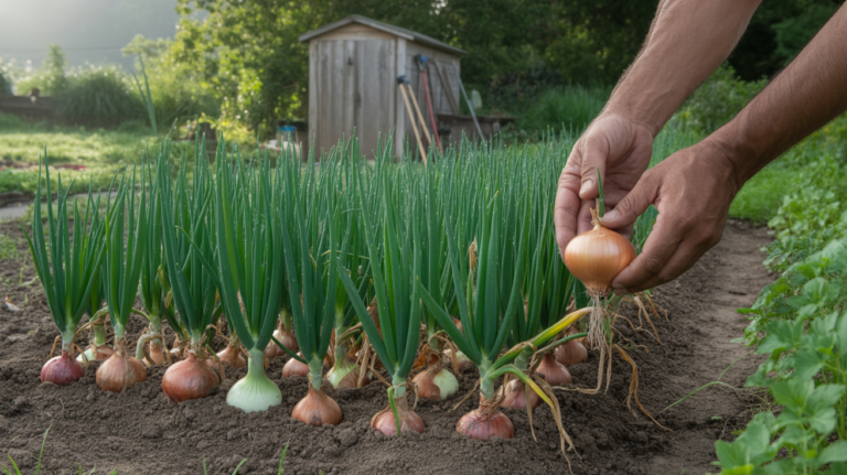 Rangées d’oignons poussant dans un potager réaliste avec un cabanon en bois et des mains inspectant une plante.