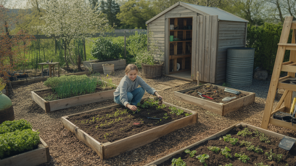 Jardin de permaculture réaliste avec un débutant travaillant dans des plates-bandes en bois, des jeunes pousses, un compost et un récupérateur d’eau, dans une scène naturelle et vivante.