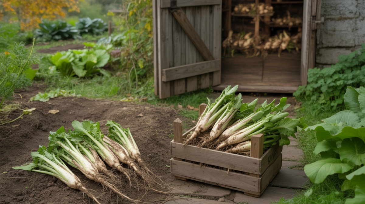 Scène réaliste montrant des racines d’endives fraîchement récoltées dans un potager et une cave ouverte en arrière‑plan pour évoquer la technique de forçage.