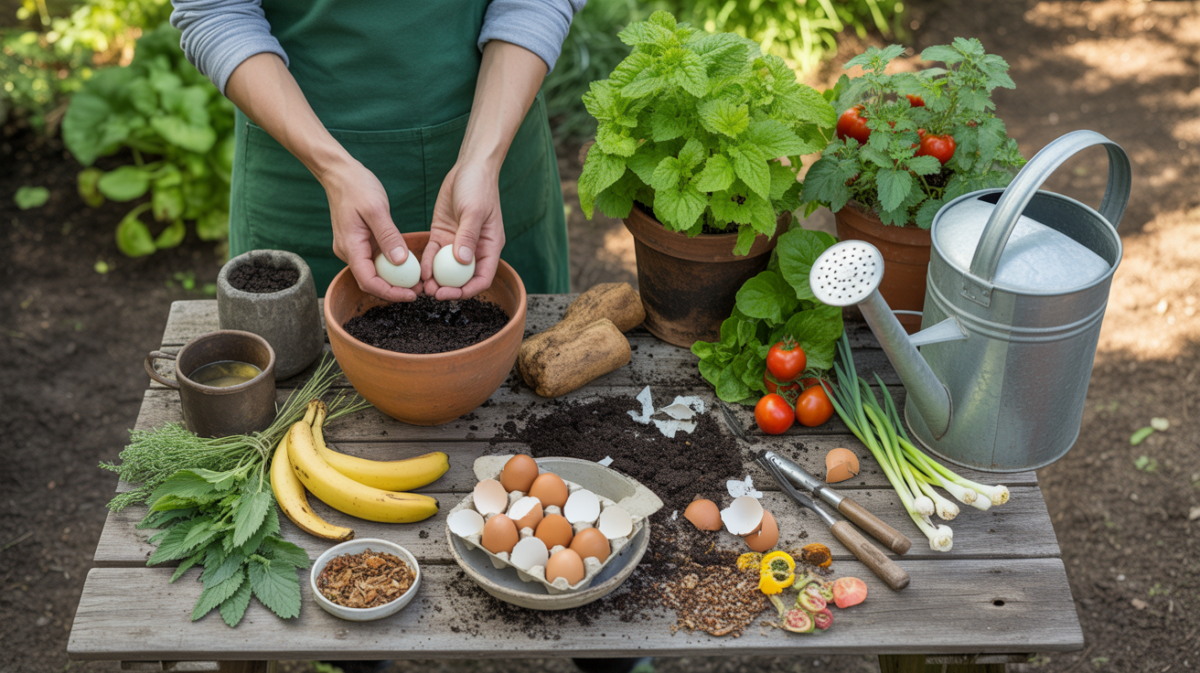 Scène réaliste d’un jardin où des mains préparent un engrais bio maison avec des déchets naturels et des plantes potagères.