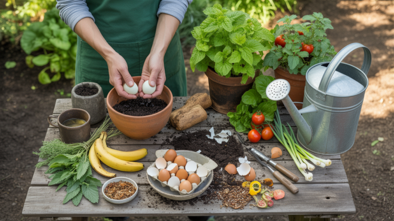 Scène réaliste d’un jardin où des mains préparent un engrais bio maison avec des déchets naturels et des plantes potagères.