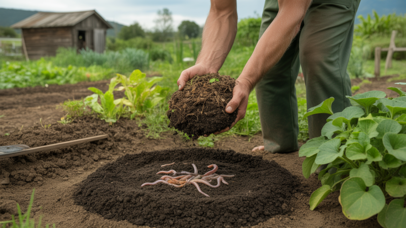 Scène réaliste d’un jardinier nourrissant naturellement son sol avec du compost organique dans un potager vibrant et authentique.