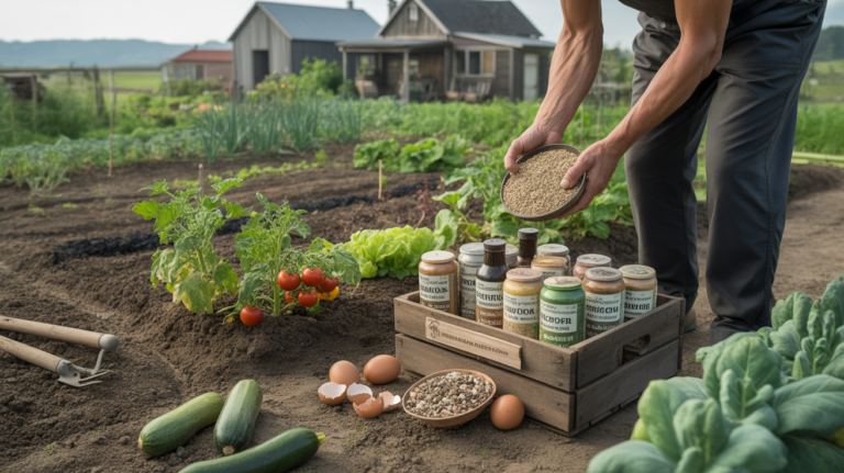 Potager naturel avec mains du jardinier appliquant un engrais bio sur un sol riche autour de légumes colorés.