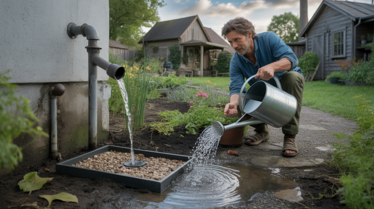 Scène réaliste d’un jardin utilisant un système de filtration d’eau de pluie avec un récupérateur, un filtre naturel et un arrosage des plantes.