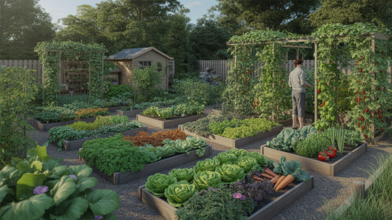 Jardin potager réaliste et lumineux avec bacs en bois, légumes variés et sentier naturel, montrant une scène authentique d’aménagement extérieur.