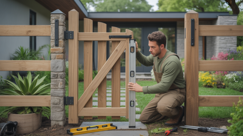 Scène réaliste d’un jardin où un propriétaire installe un portillon moderne avec des tools au sol et un jardin verdoyant en arrière‑plan.