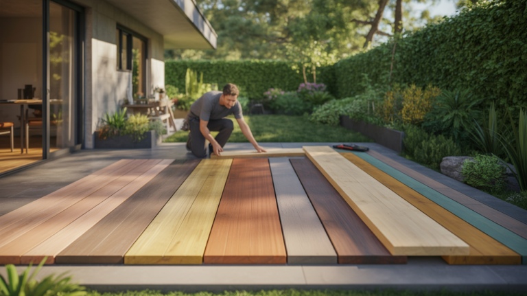Terrasse en construction avec plusieurs essences de bois montrées côte à côte dans un jardin ensoleillé, avec une maison moderne en arrière-plan.