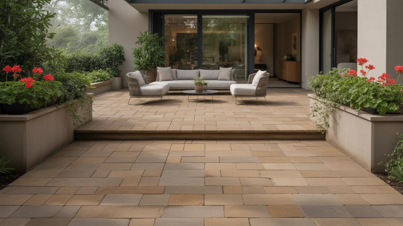Patio élégant en pierre avec motif en chevron et mobilier d’extérieur minimaliste