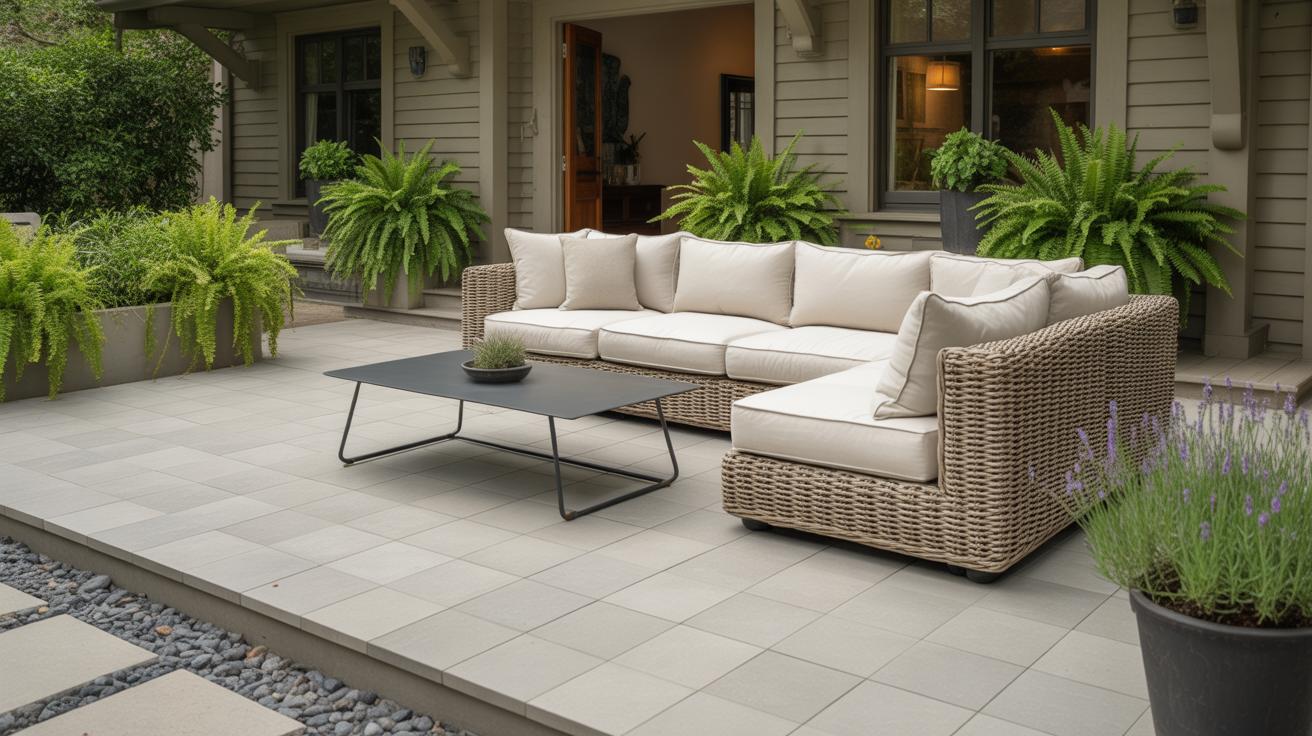 Patio clair avec canapé en rotin et plantes vertes devant une maison artisanale moderne