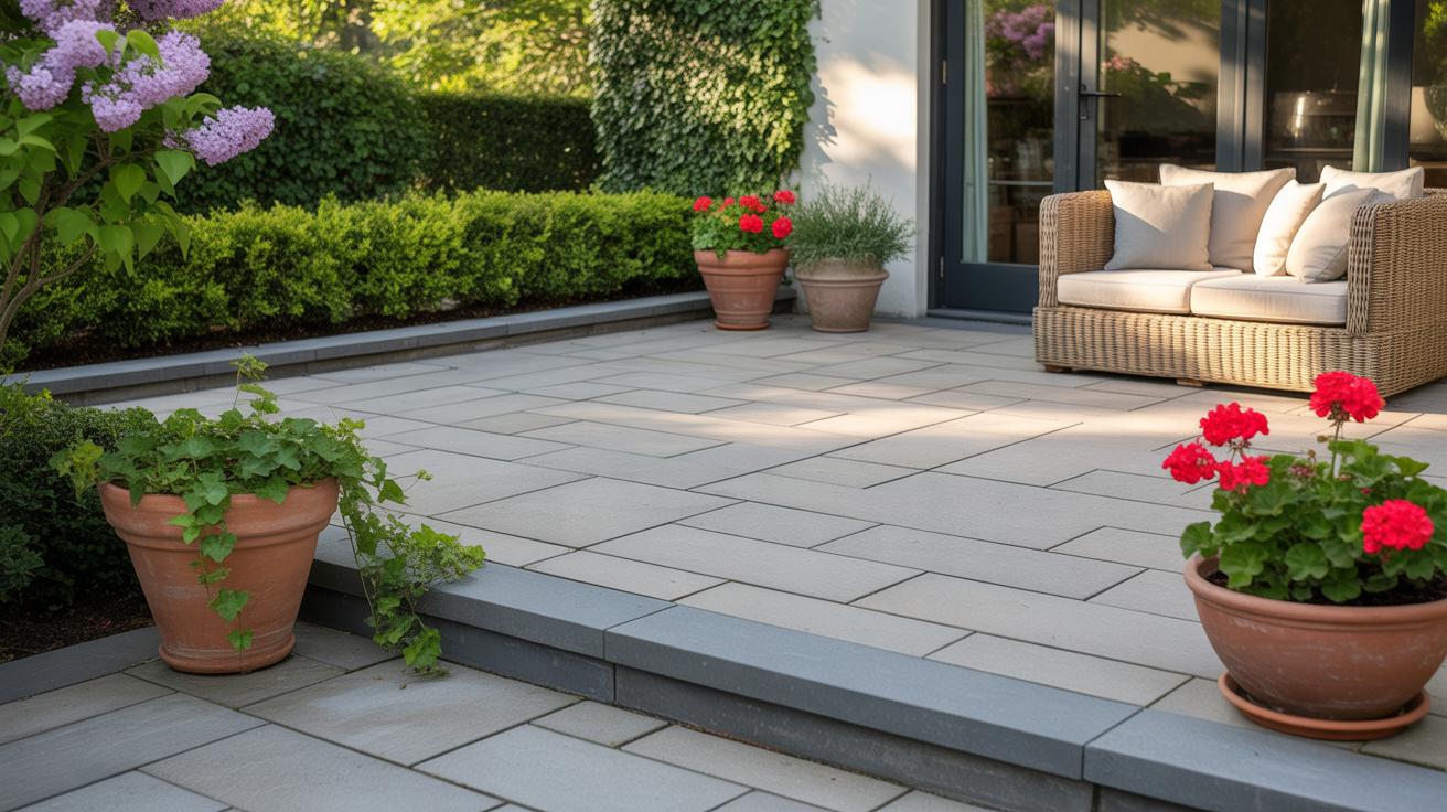Patio en pierre claire avec géraniums rouges et salon en rotin près d’une maison moderne