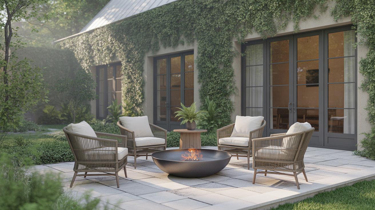 Patio moderne avec foyer et chaises en rotin devant une ferme contemporaine