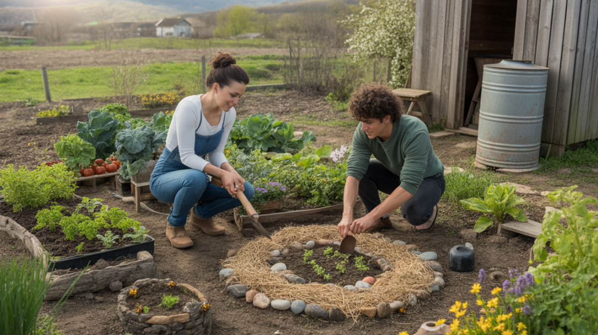 Jeune couple travaillant dans un petit jardin de permaculture avec paillage, spirale d’herbes et baril de récupération d’eau, dans un décor rural réaliste et naturel.