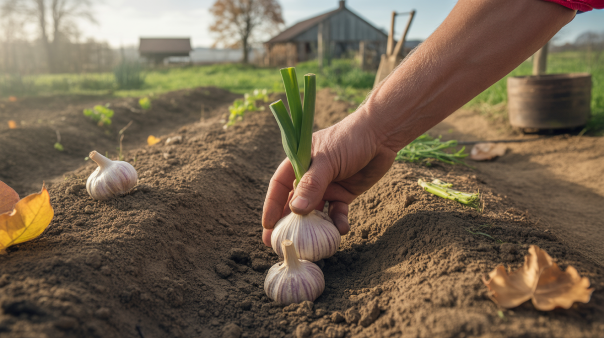 Mains d’un jardinier plantant des caïeux d’ail dans une terre humide et riche, dans un potager naturel sous une lumière douce du matin.