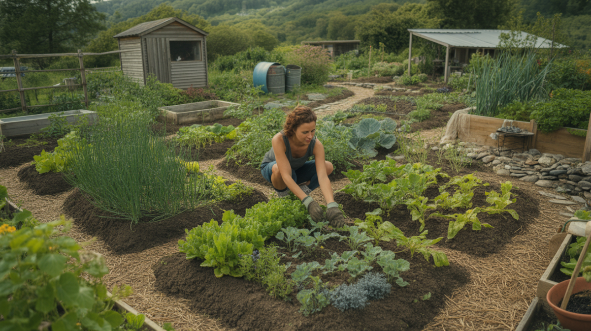 Jardin potager biologique en permaculture avec légumes, herbes, paillis naturel et une personne réaliste en train de jardiner.