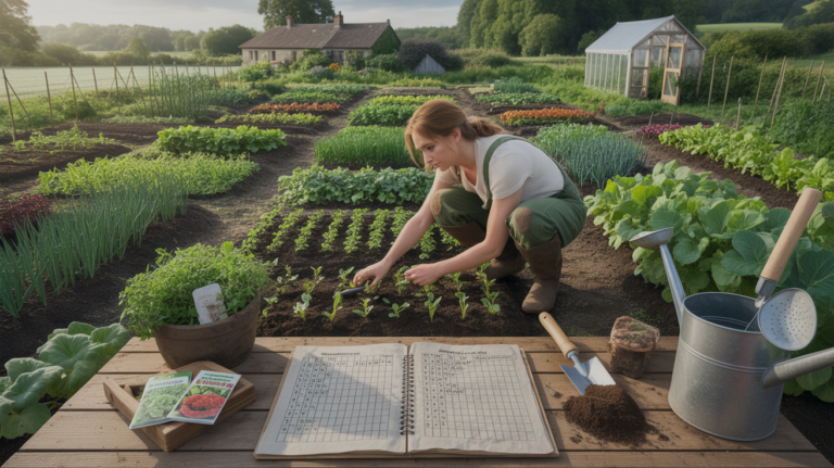 Jardin potager réaliste au petit matin avec divers légumes en croissance, un jardinier au travail et une atmosphère naturelle illustrant le cycle de plantation tout au long de l’année.