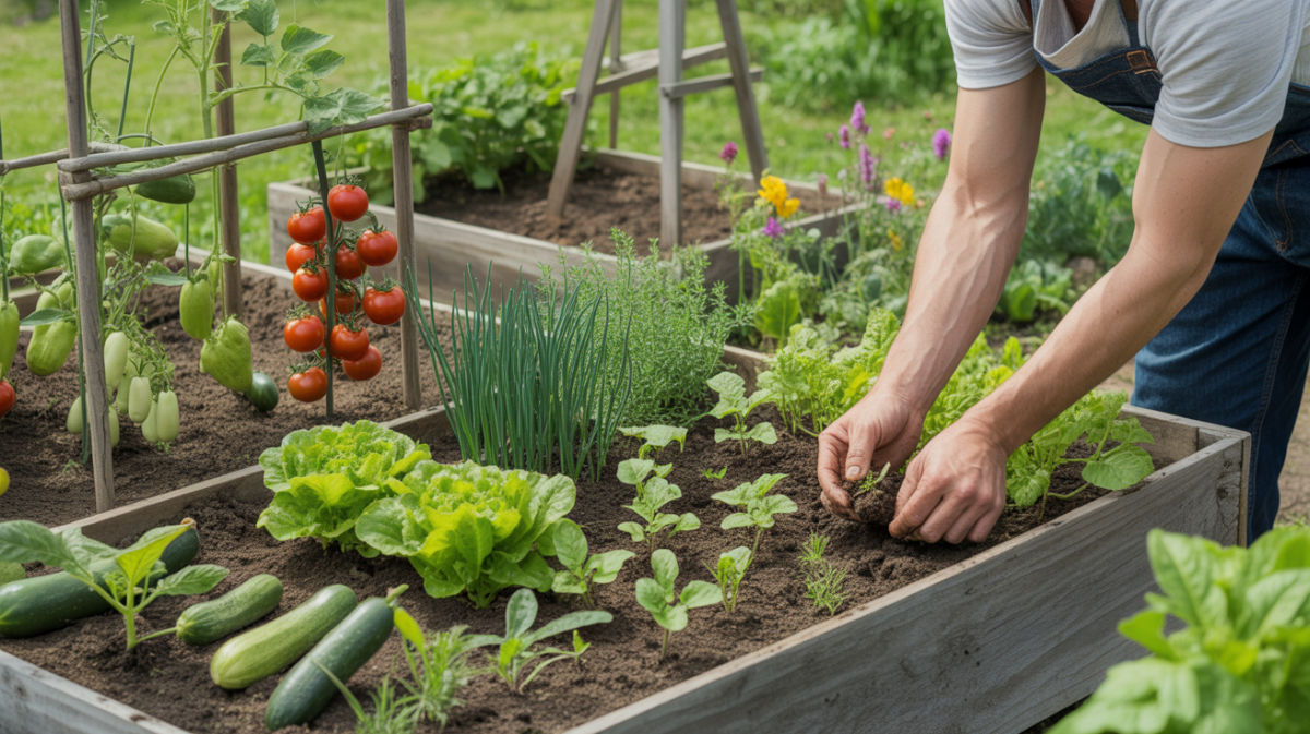 Potager de mai avec jeunes plants de légumes, mains du jardinier en train de planter, couleurs vives et ambiance printanière réaliste.
